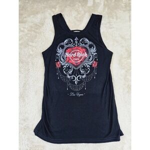 Hard Rock Cafe Las Vegas Tank Top Womens L Black Rose Tattoo Graphic V Neck‎